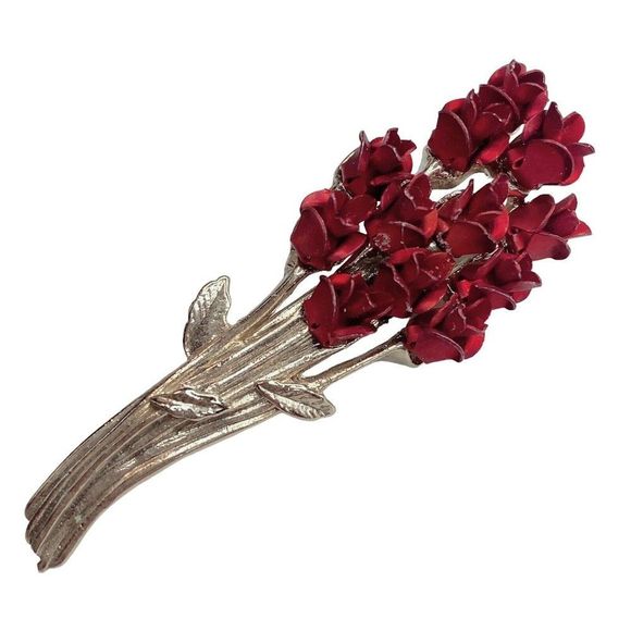 VINTAGE Signed DM 97 RED ROSES BOUQUET OF FLOWERS BROOCH PIN Gold Tone Excellent